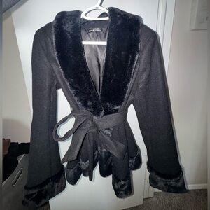 SHEIN Black Faux-Fur Trim Belted Wrap Trench Coat